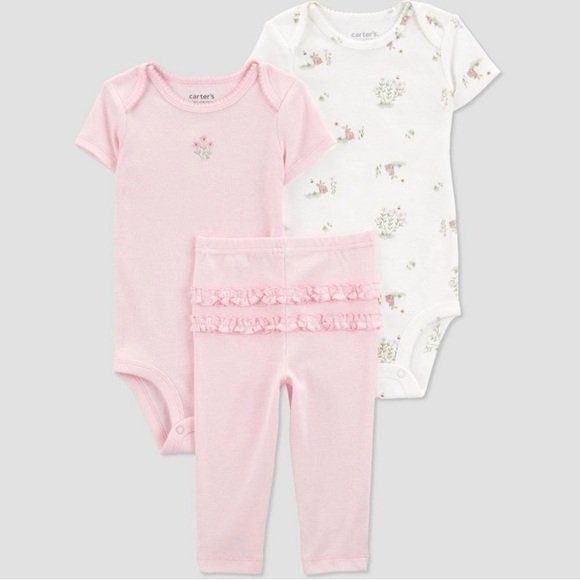 3pc Floral and Bunny Printed Onesies and Bottoms Set - Picture 1 of 8
